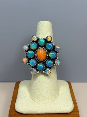 Southwestern Sterling Silver Spiny Oyster Australian Opal Cluster Statement Ring